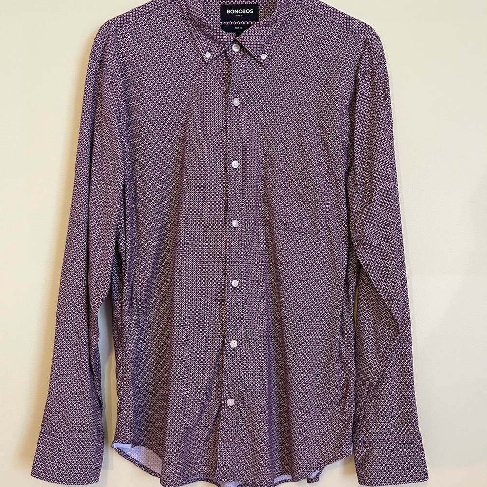 Bonobos Red/Navy/White Dotted Print Button Down Long Sleeve Slim Fit Dress Shirt